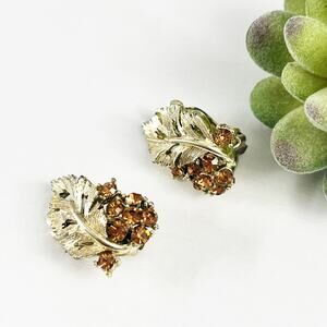 Lisner Vintage Brown Rhinestone & Gold Leaf Clip Earrings